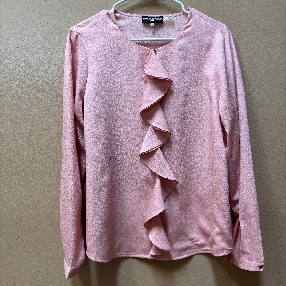 Karl Lagerfeld Holiday, Long Sleeve Pink Ruffle Blouse Size L